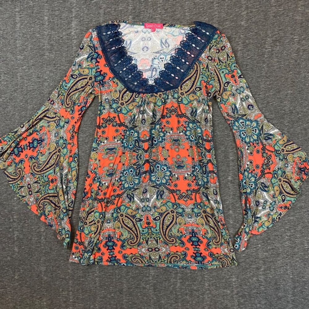Emma's Closet Paisley Bell Sleeve Top Lace Trim Orange Womens Small Boho Vintage
